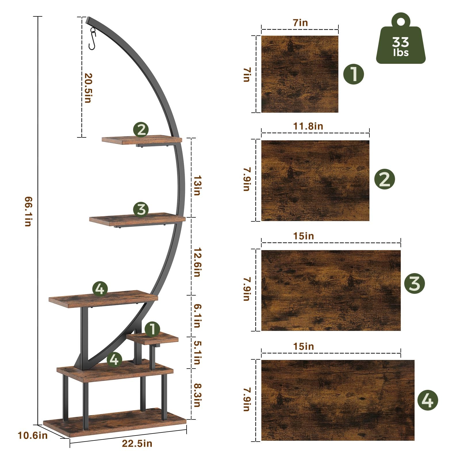 7-Tier Metal Plant Stand with LED Grow Light - Half Moon Design