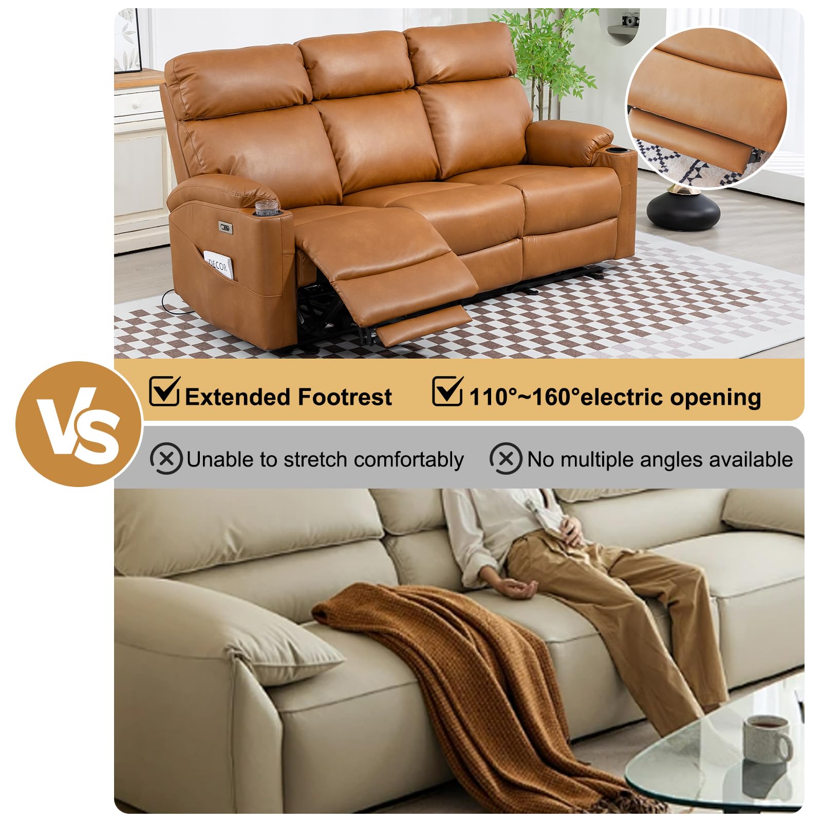 B BAIJIAWEI Power Reclining Sofa - 3 Seater Recliner Sofás, PU Leather Sofa, Home Theater Seating with Flipped Middle Backrest, Power Recliner Couch for Living Room(Brown)