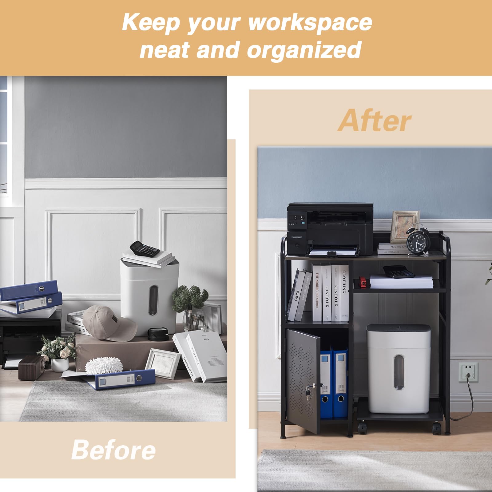 Large Printer Stand with Storage and Charging Port