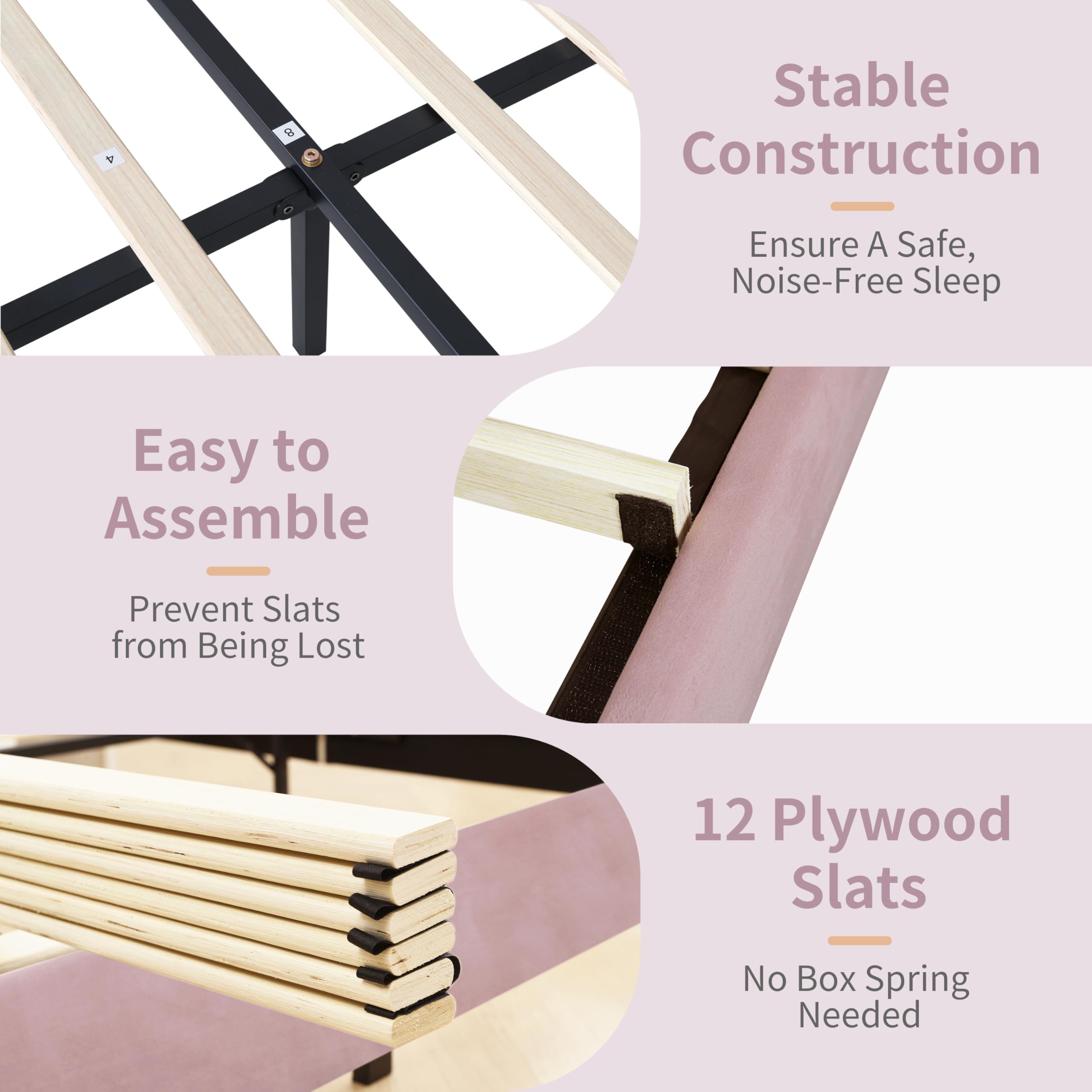 QNZK Full Size Upholstered Platform Bed Frame with Modern Wingback & Vertical Panel Headboard, Velvet Fabric, Wooden Legs & Slats Support, No Box Spring Needed, Noise-Free & Easy Assembly, Pink