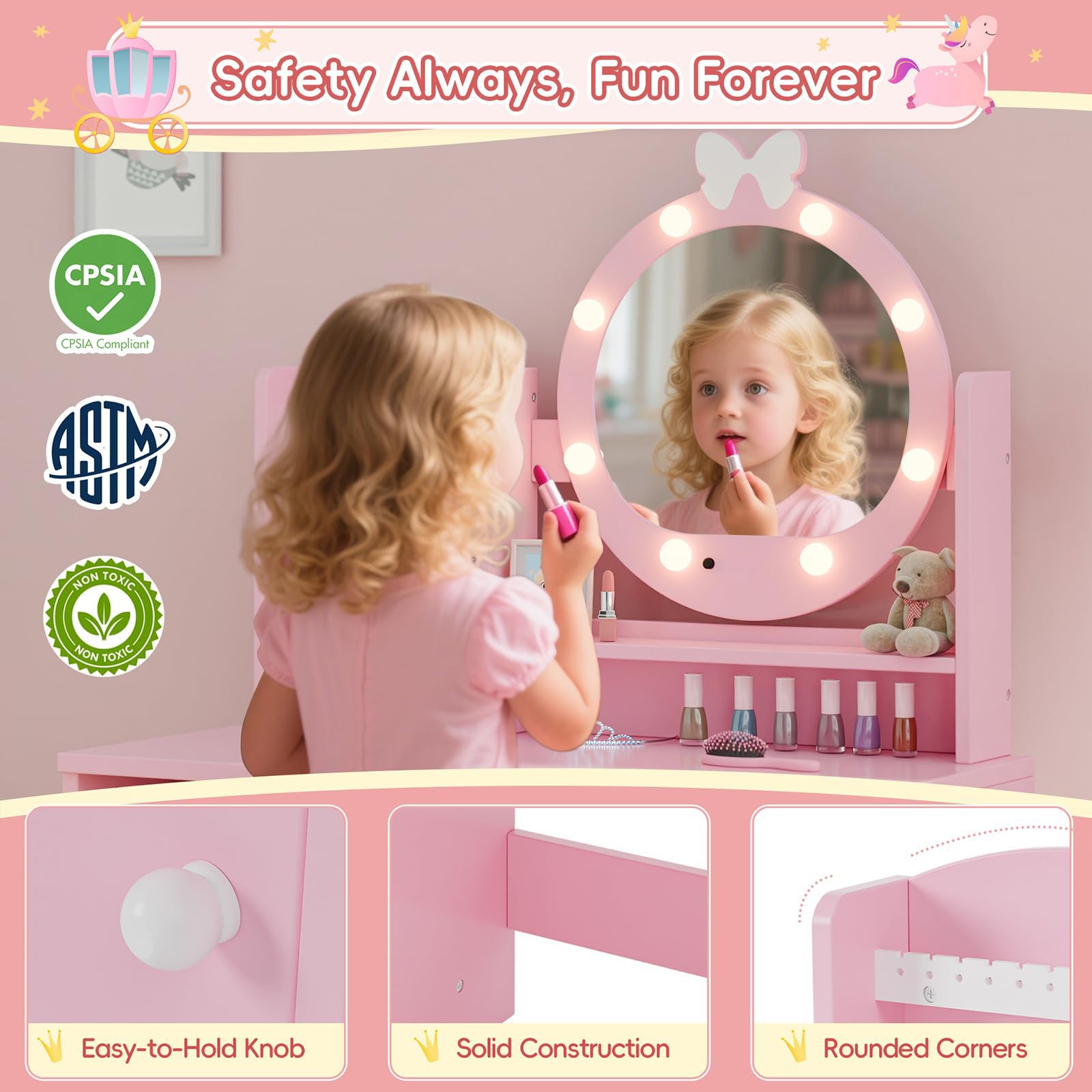 Kids Vanity Table with Mirror and Lights