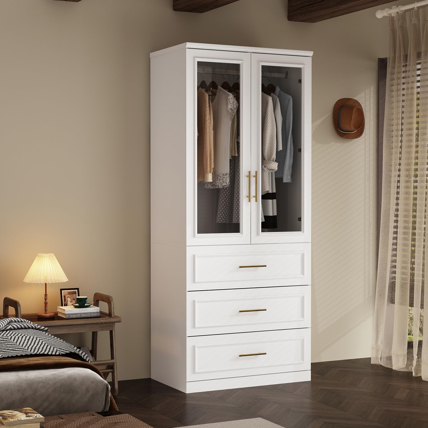 Wardrobe Closet with Hanging Rod 3 Drawers 2 Glass Doors White