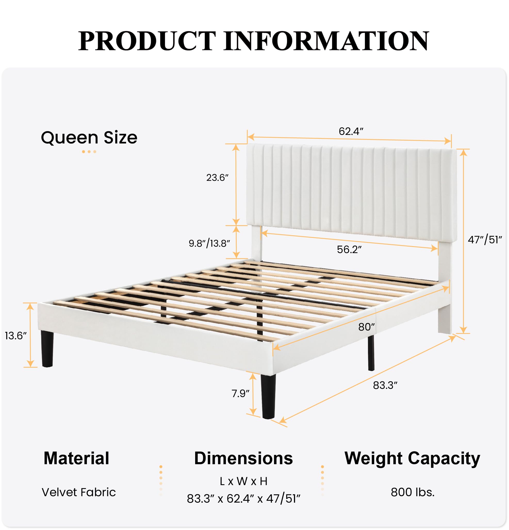 Queen Upholstered Platform Bed Frame with Adjustable Headboard