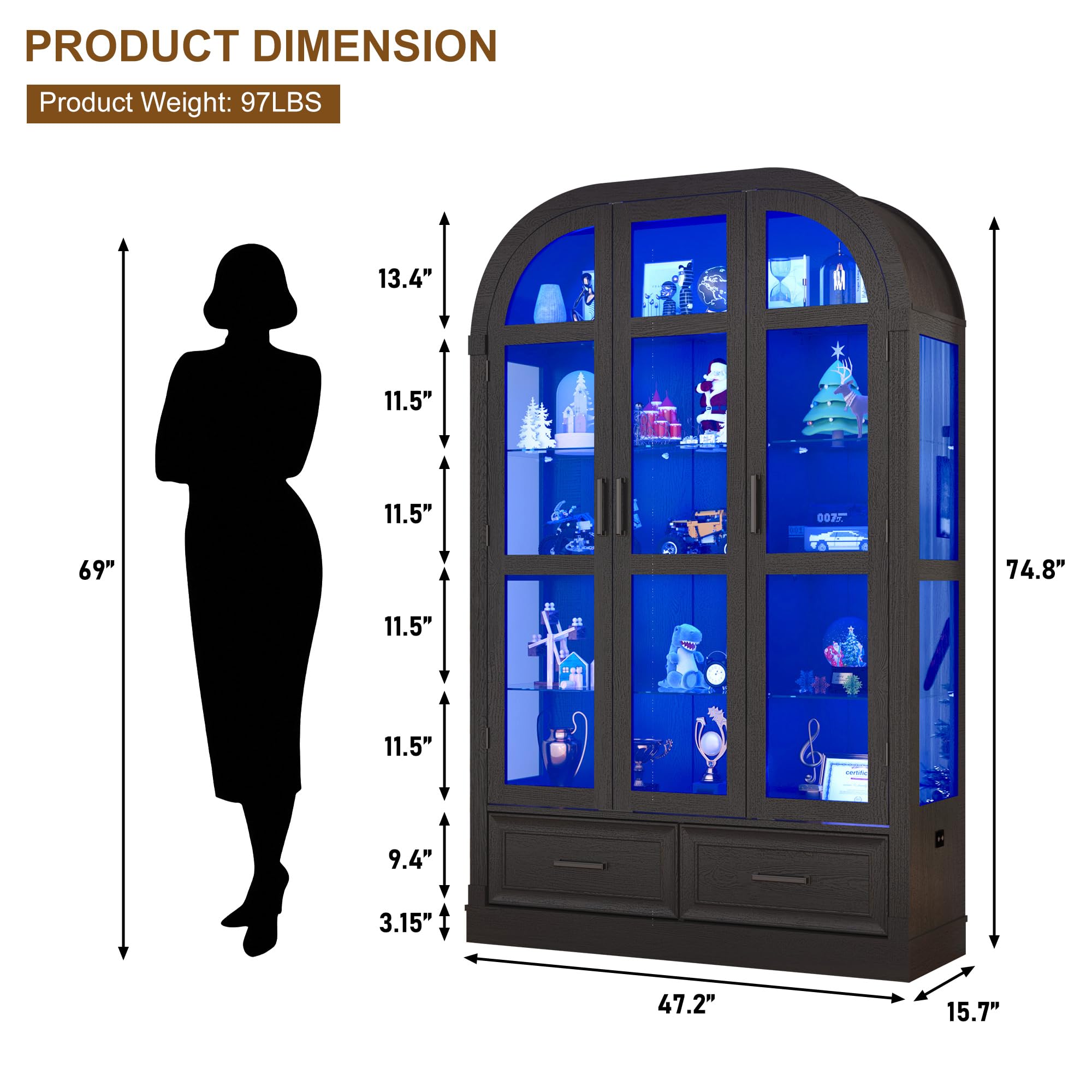 3-Door Glass Display Cabinet with LED Lights