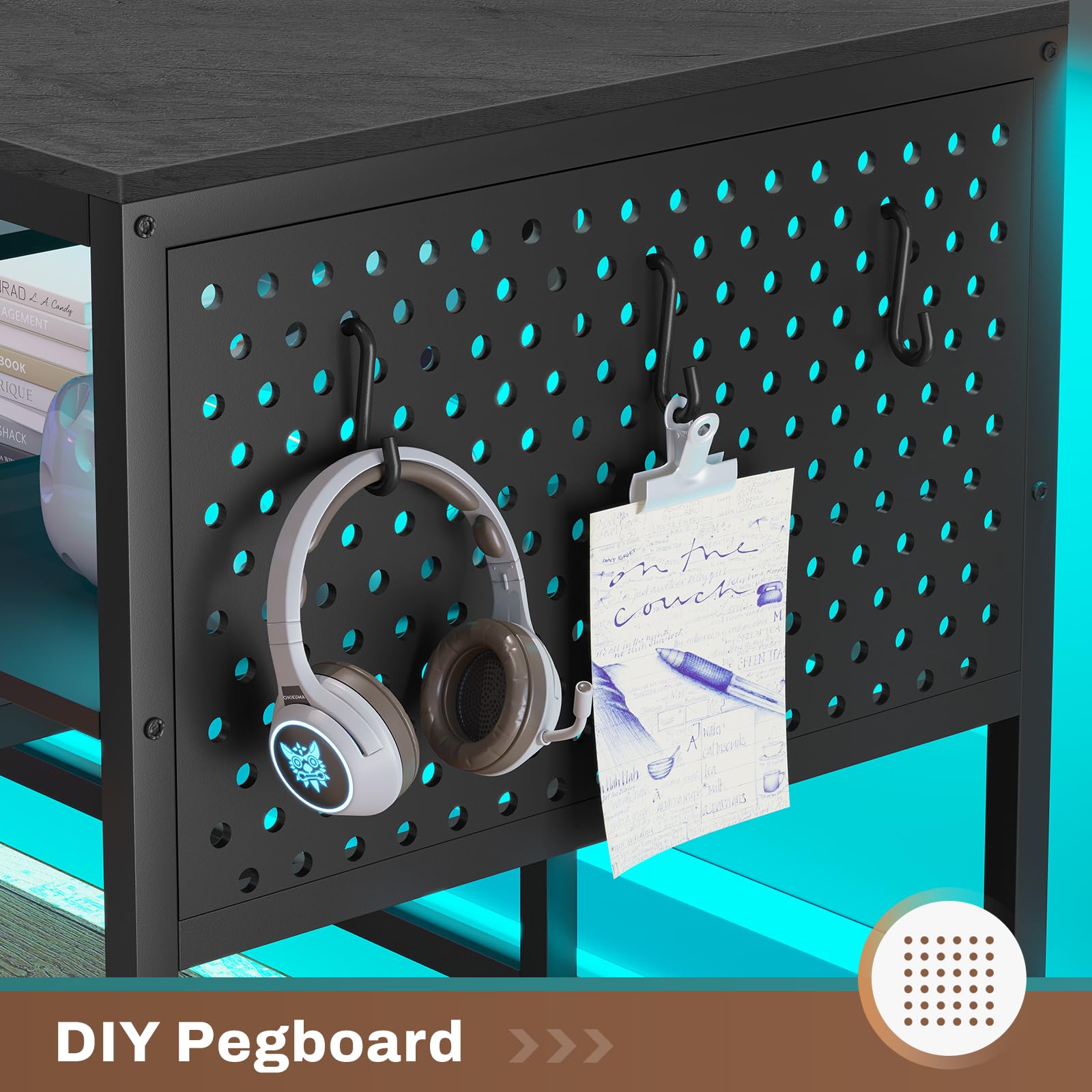 L-Shaped Gaming Desk with Power Outlets and LED Strip