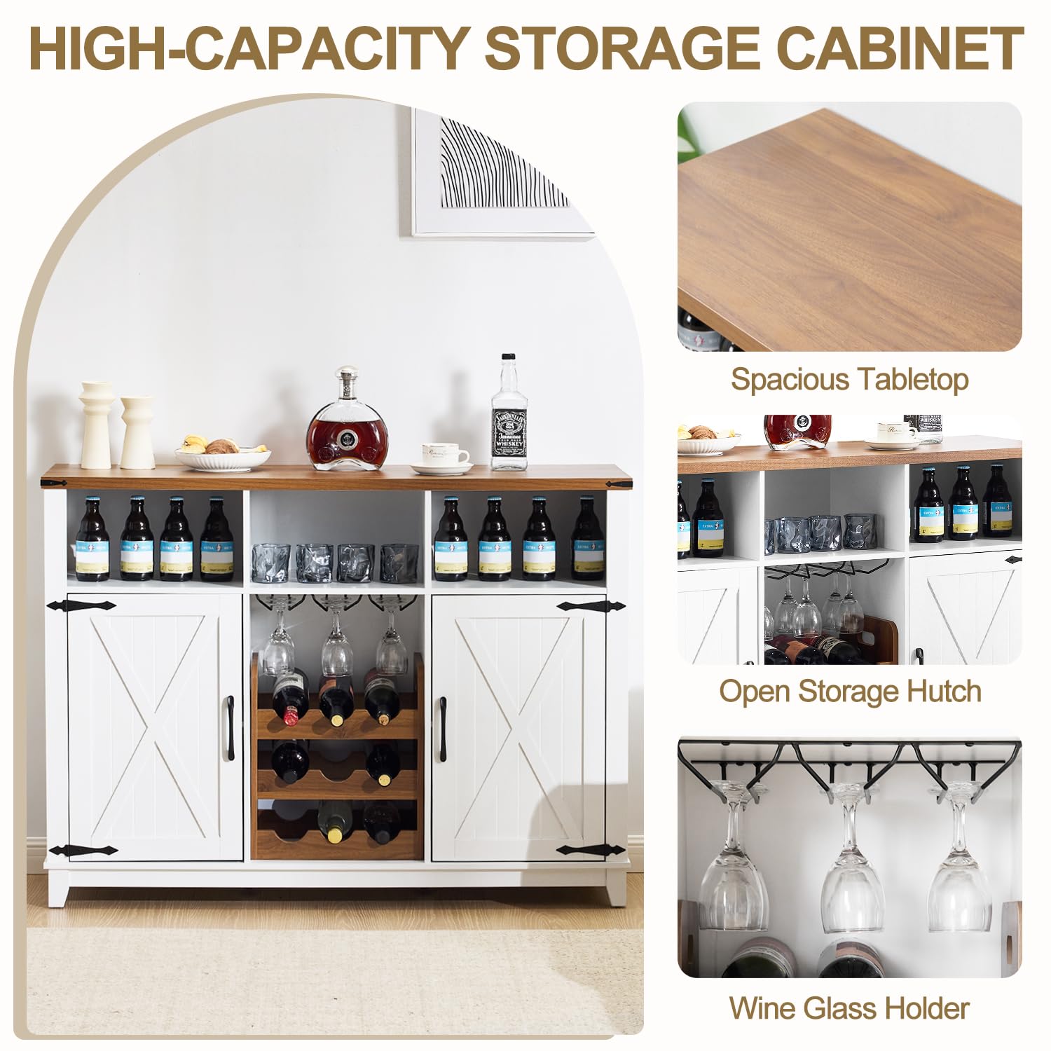 Farmhouse Wine Bar Cabinet with Detachable Wine Rack
