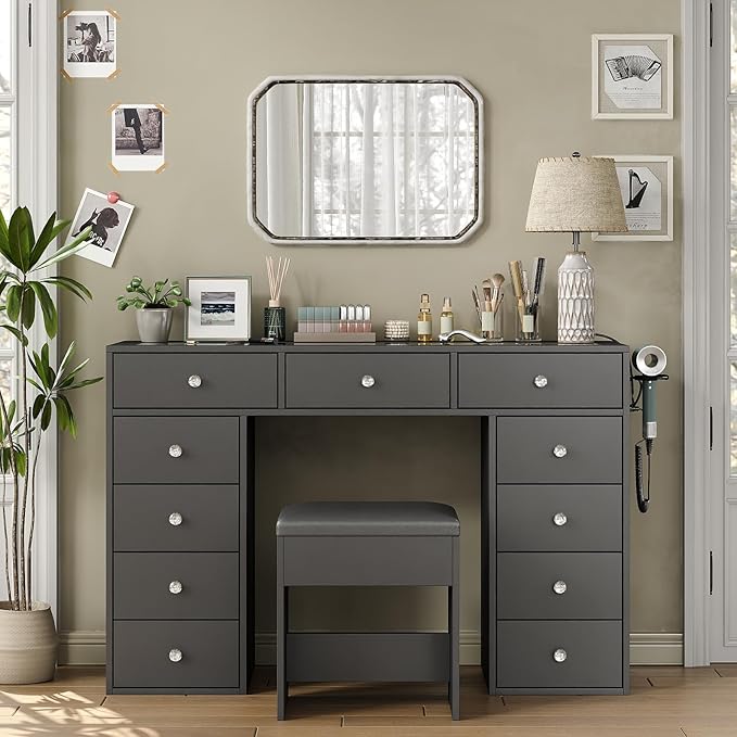 47" Glass Top Vanity Desk with 11 Drawers and Charging Station