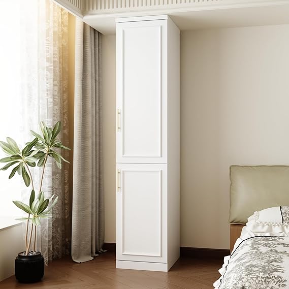 Modern White Wardrobe Closet with Doors and Gold Handles