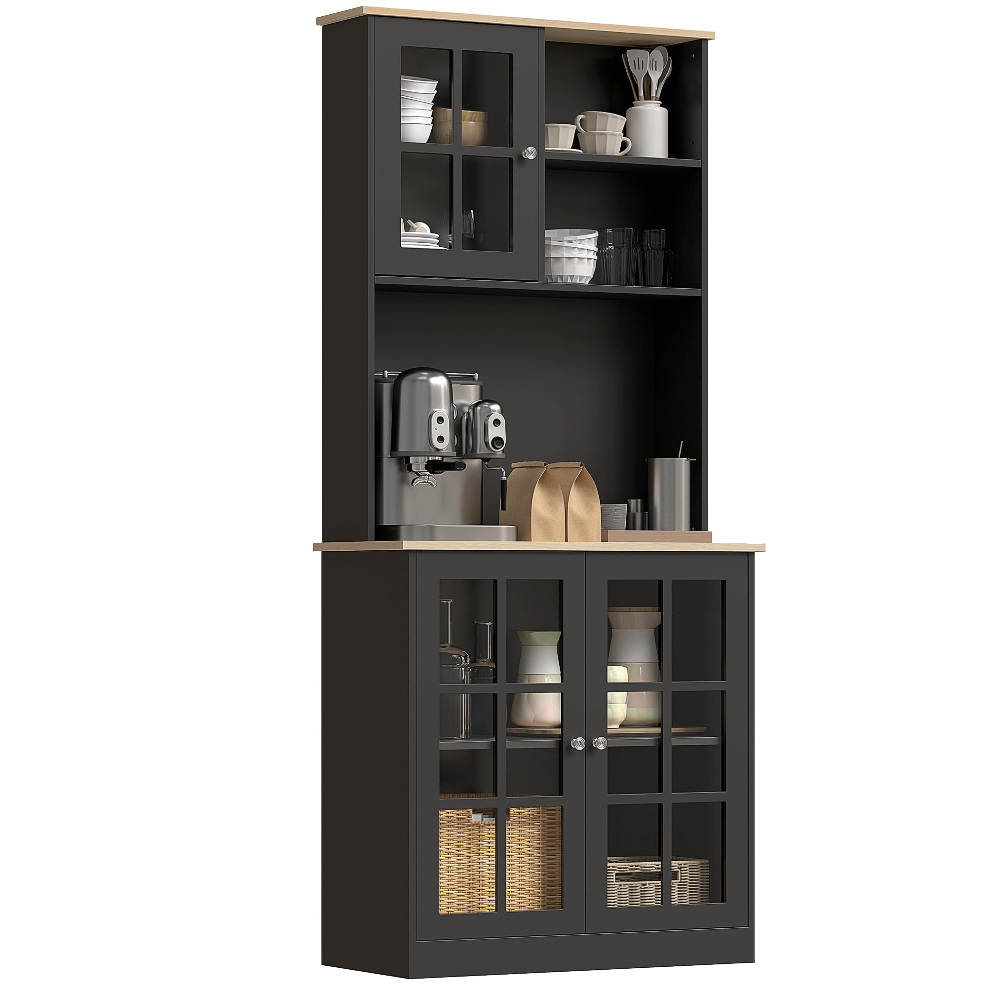 Kitchen Pantry Storage Cabinet 72" with Glass Doors