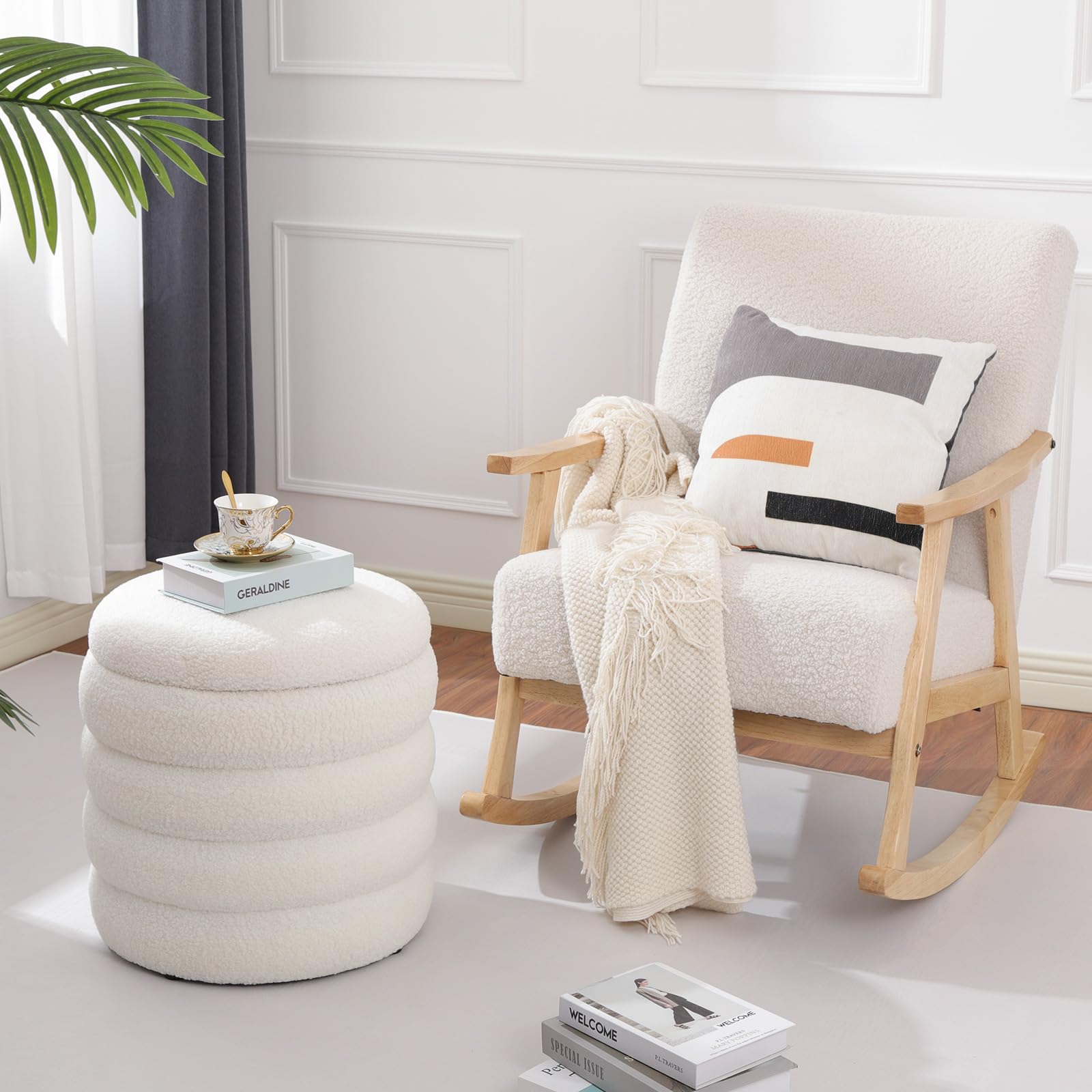 Teddy Sherpa Round Ottoman with Storage