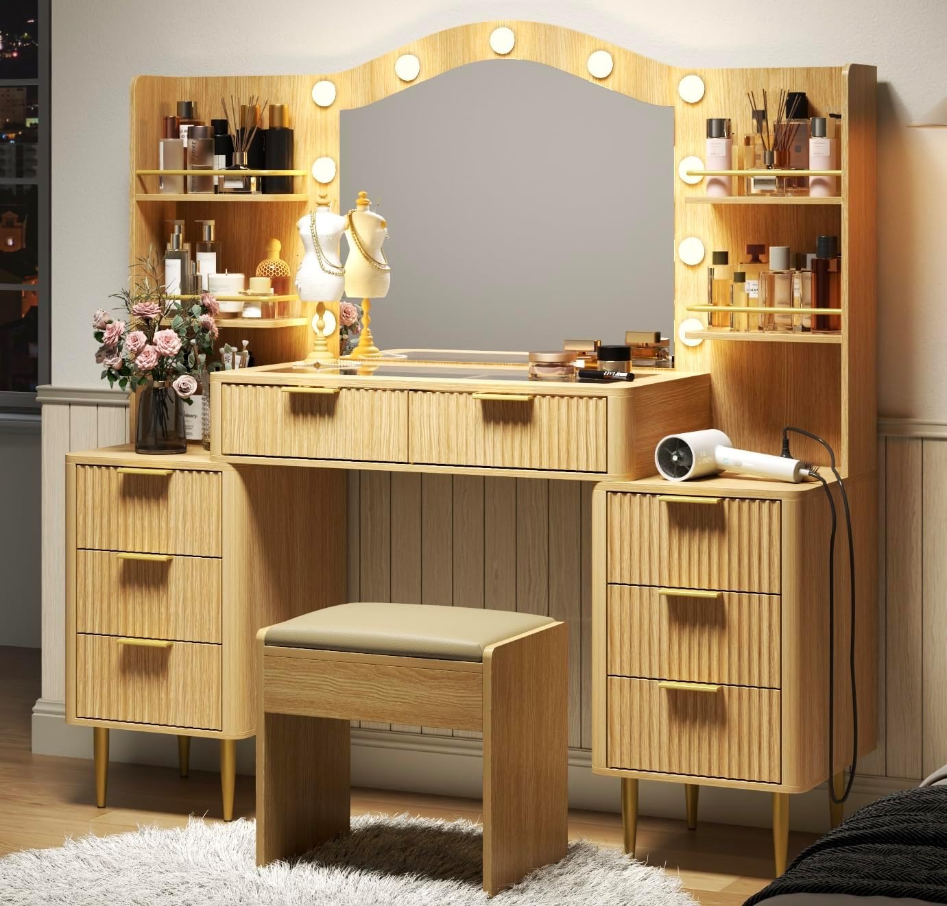55" Fluted Vanity Desk with Mirror and Lights