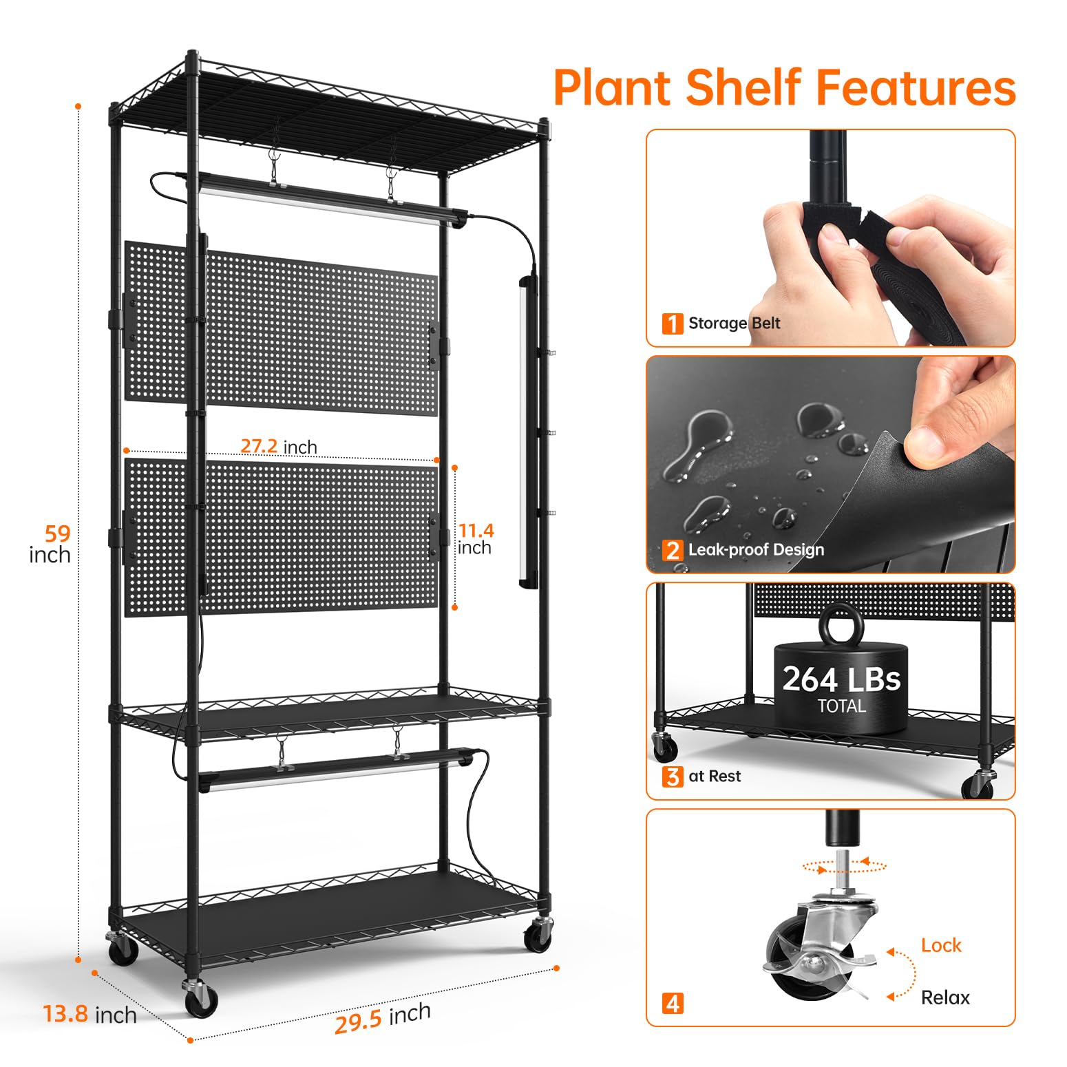 3-Tier Plant Shelf with Grow Lights and Pegboard