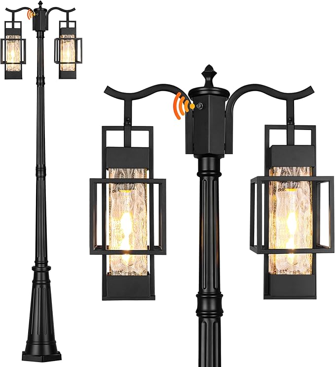 Modern Outdoor Lamp Post Light 2-Head with Water Glass Shade