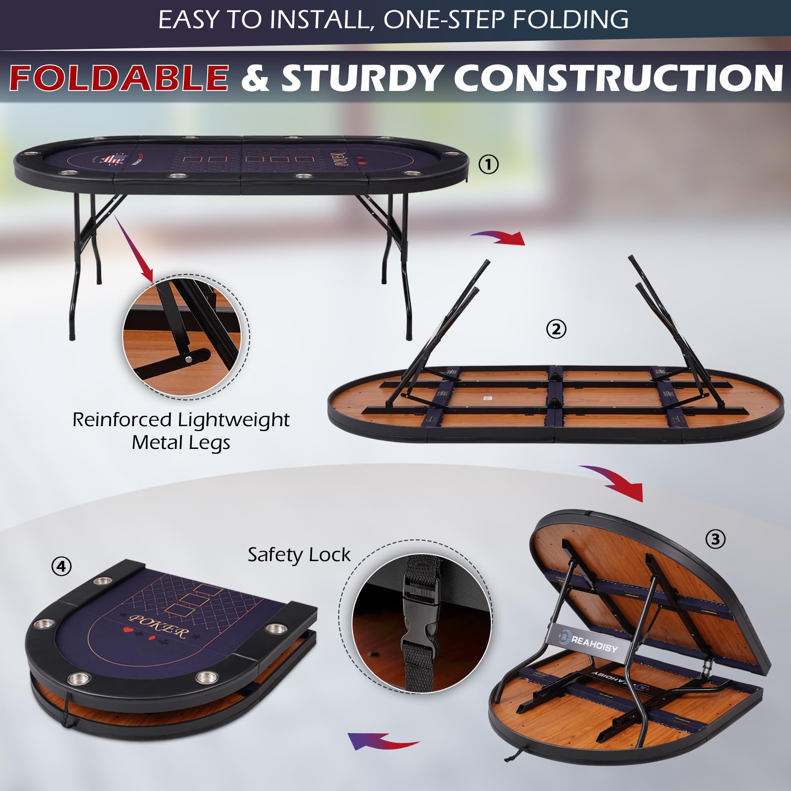REAHOISY 10 Player Poker Table Foldable, Folding Texas Holdem Casino Table with Padded Rails & Cup Holders, Portable Poker Game Table for Home or Game Room, 84 Inch