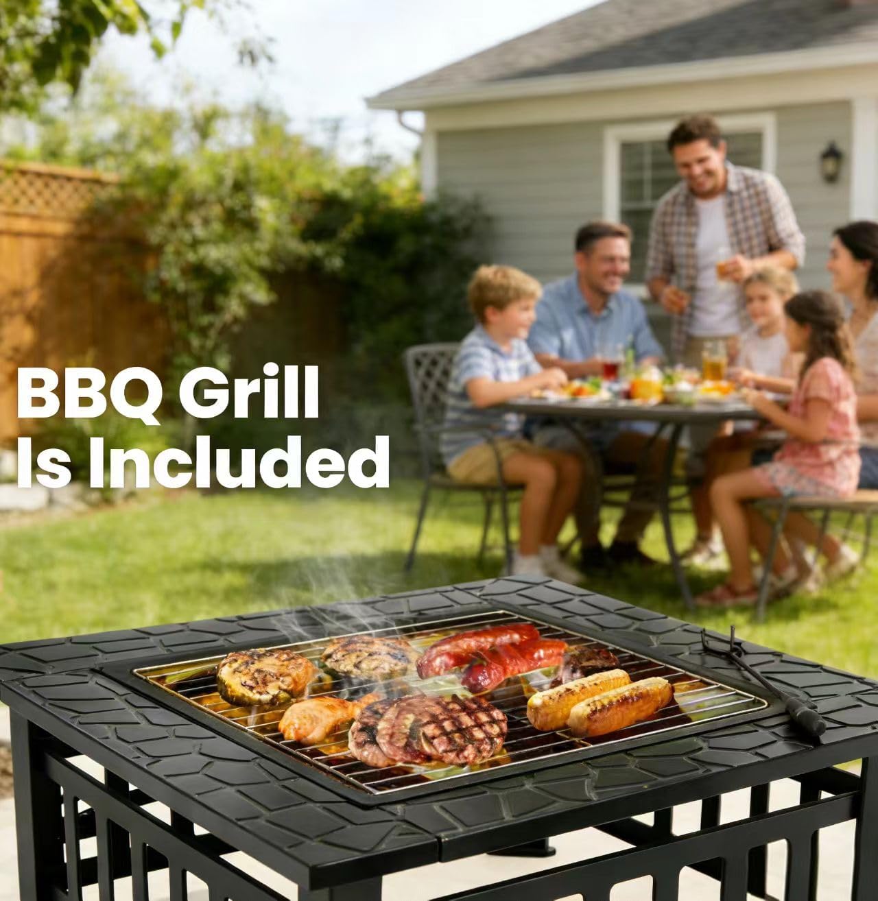 32 Inch Outdoor Fire Pit with Grill Wood Burning Square Metal