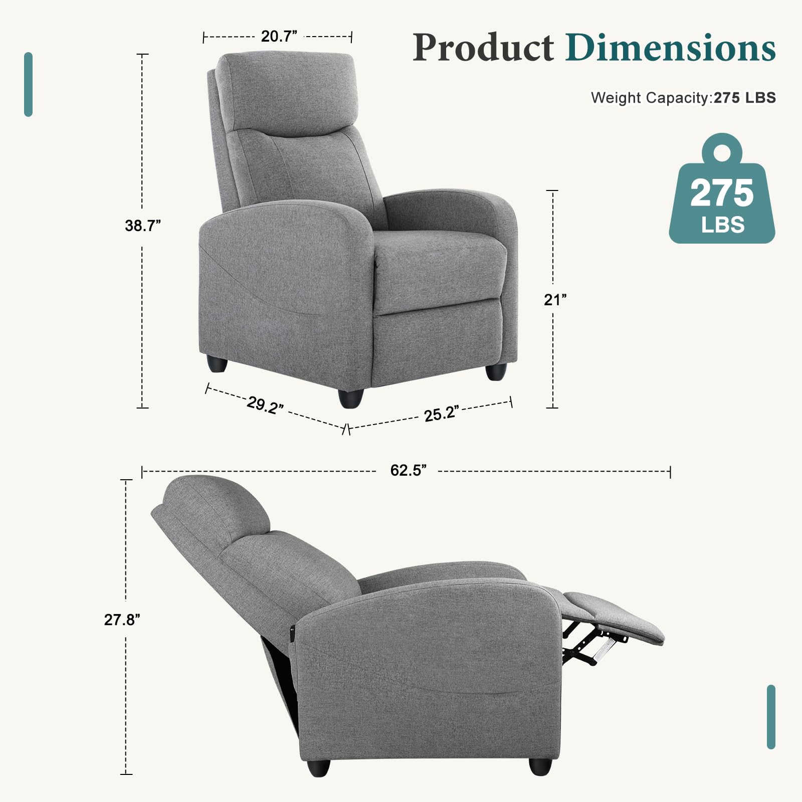 Leather Recliner Chair with Lumbar Support and Adjustable Footrest