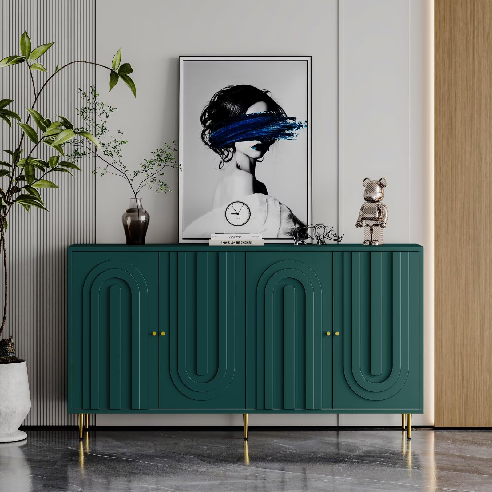 Modern Green Lacquered 4-Door Wooden Sideboard Cabinet