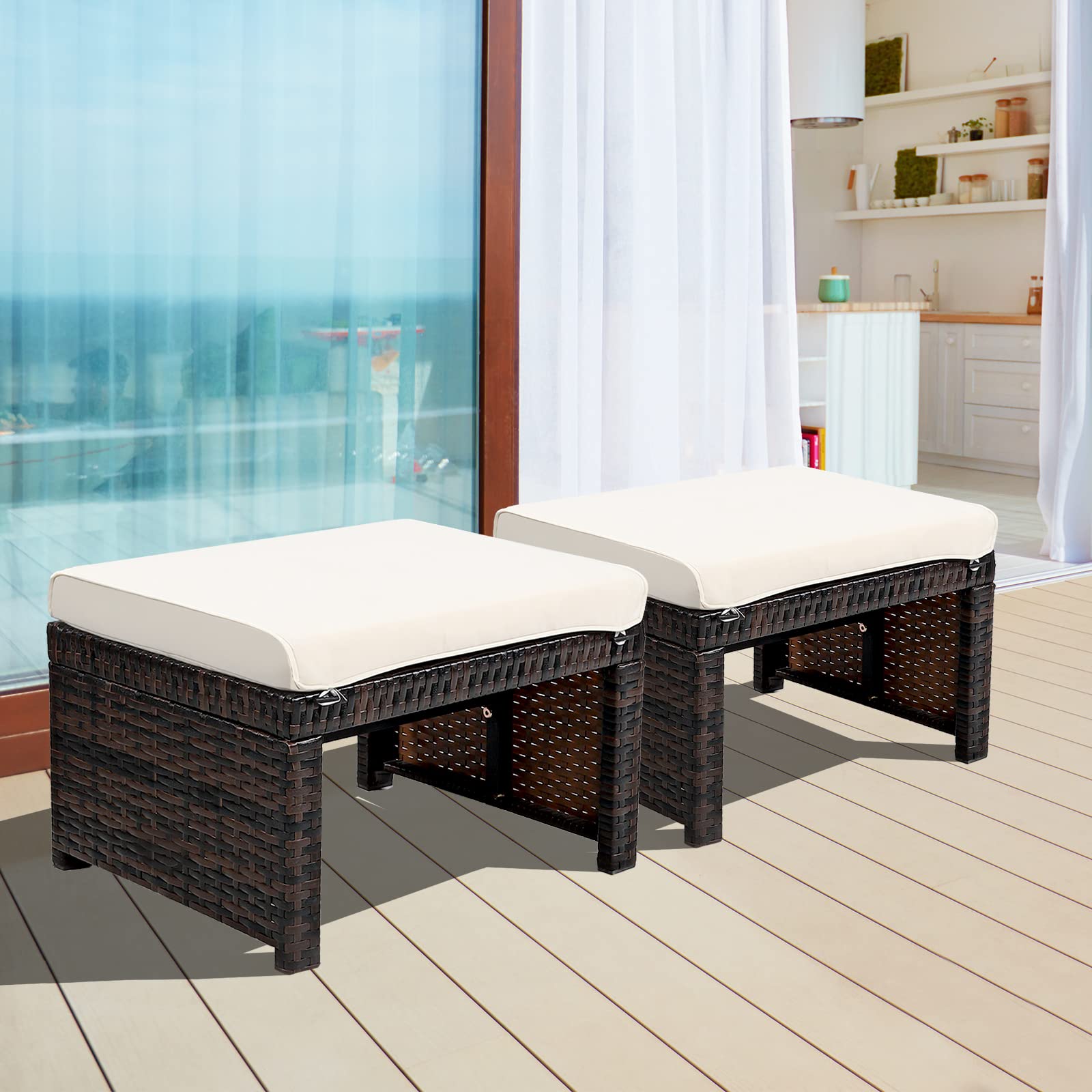 2-Piece Outdoor Wicker Ottomans with Removable Cushions