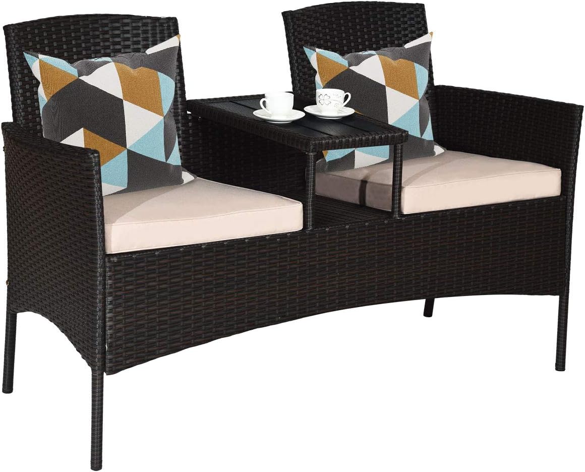 Outdoor Rattan Loveseat Conversation Set with Cushions & Coffee Table