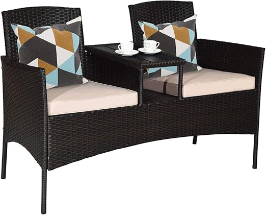 Outdoor Rattan Loveseat Conversation Set with Cushions & Coffee Table