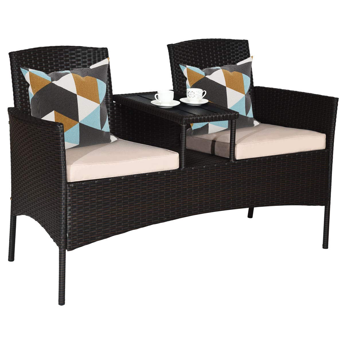 Outdoor Rattan Loveseat Conversation Set with Cushions & Coffee Table