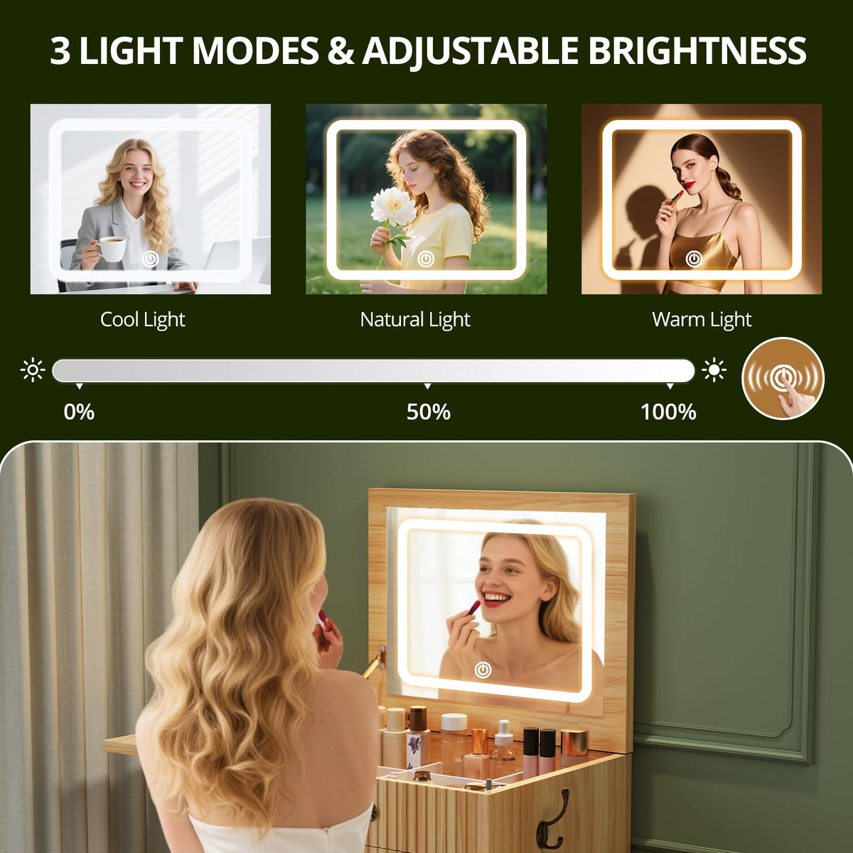 3-in-1 Vanity Table with Flip Mirror and Lights