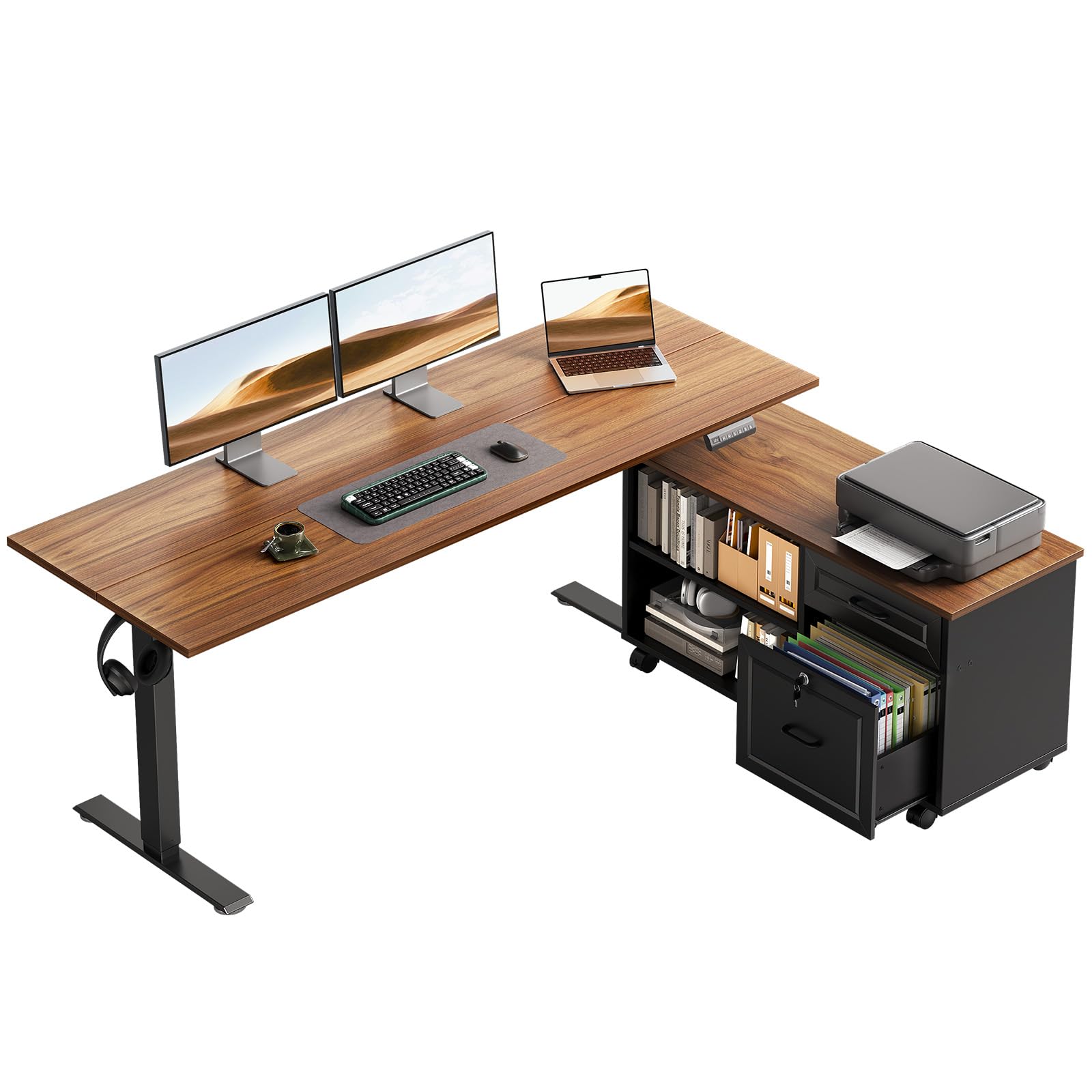 55 Inch L Shaped Electric Standing Desk with Drawers and File Cabinet