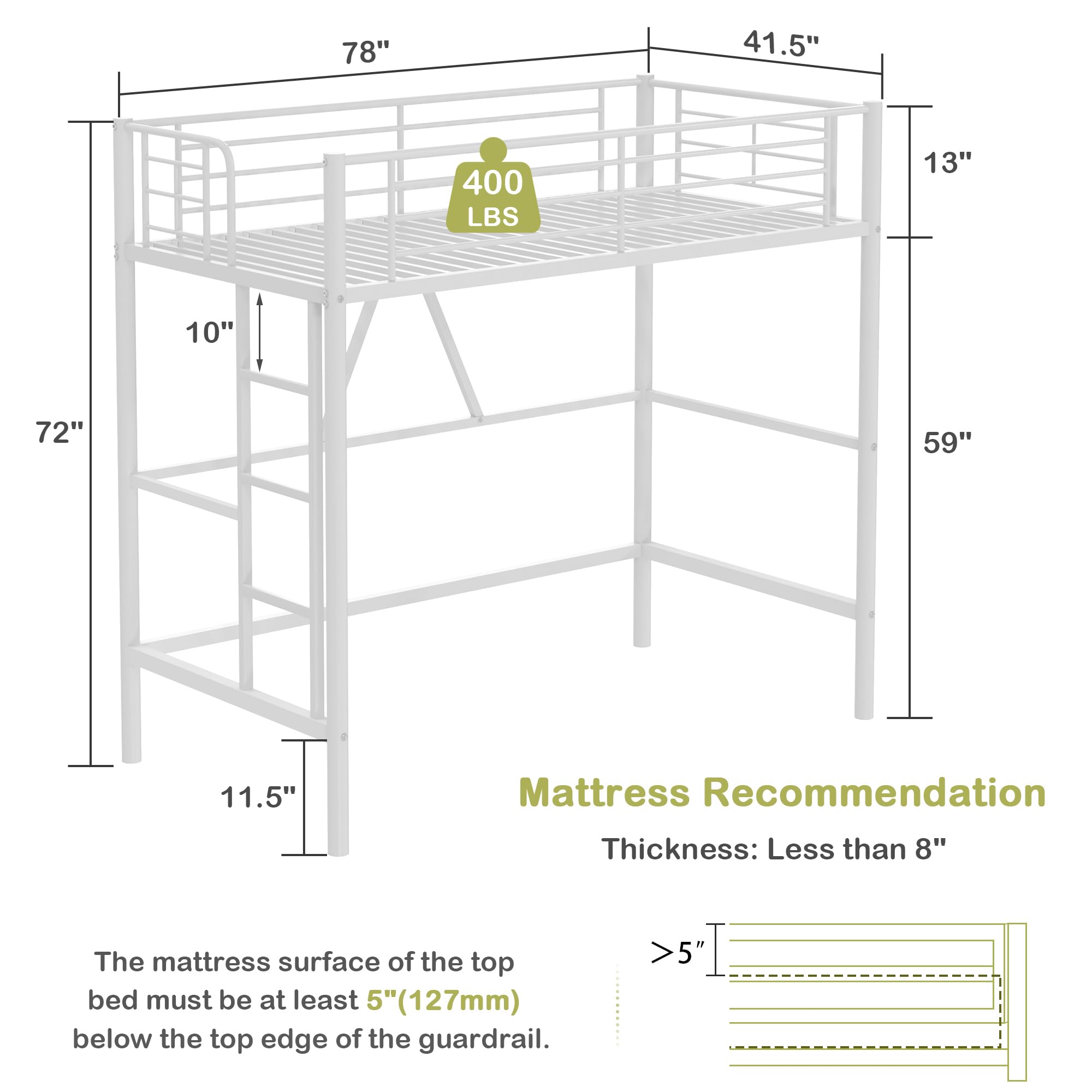 Twin Metal Loft Bed with Ladder and Safety Guardrail
