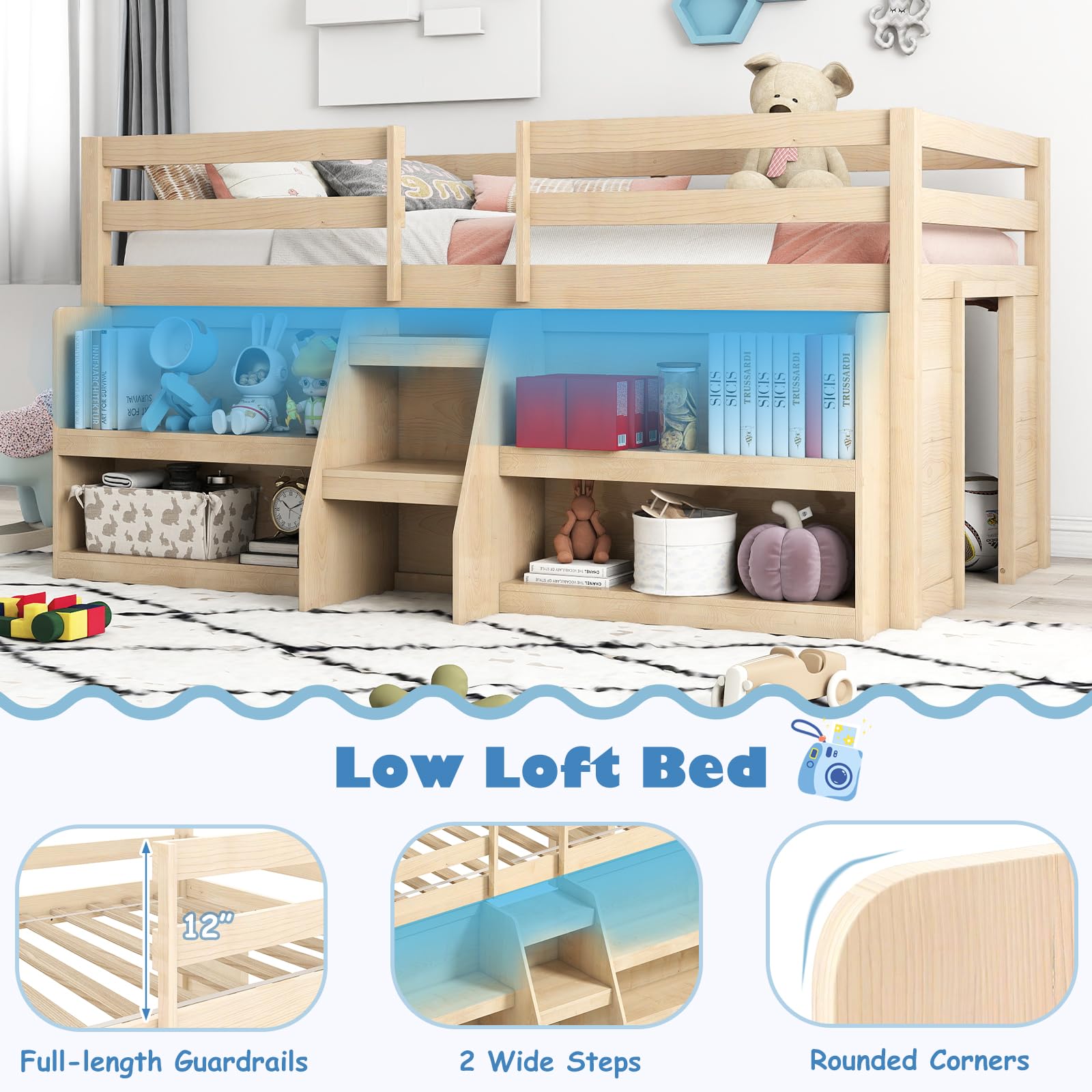 Low Loft Bed with LED Light and Bookcases