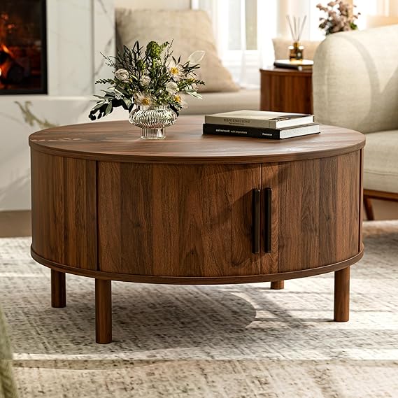 Oval Coffee Table with Sliding Door Cabinets