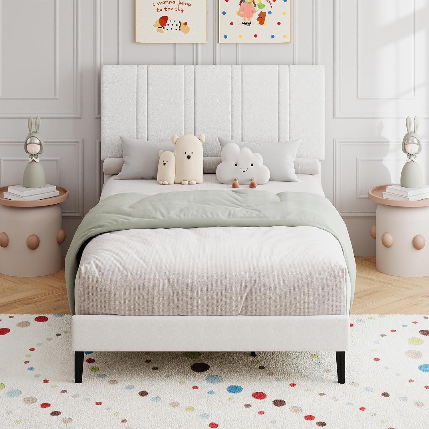 Twin Bed Frame with Upholstered Linen Headboard