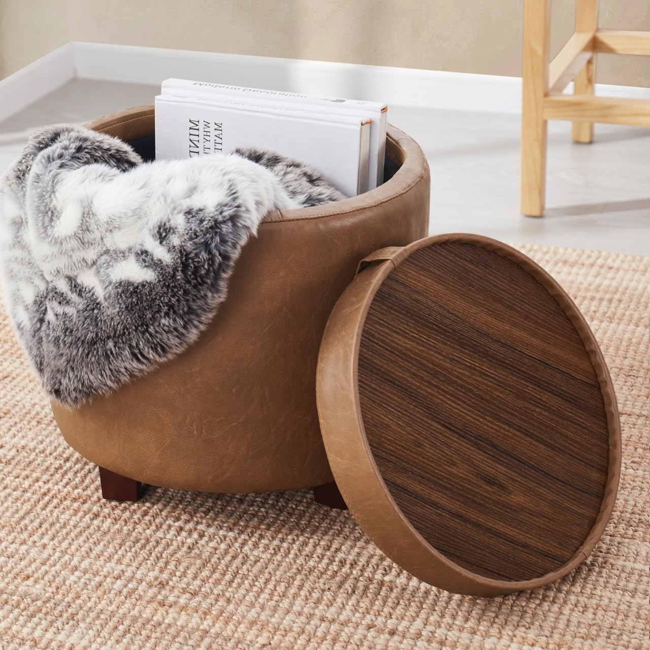 Round Storage Ottoman with Tray Lid