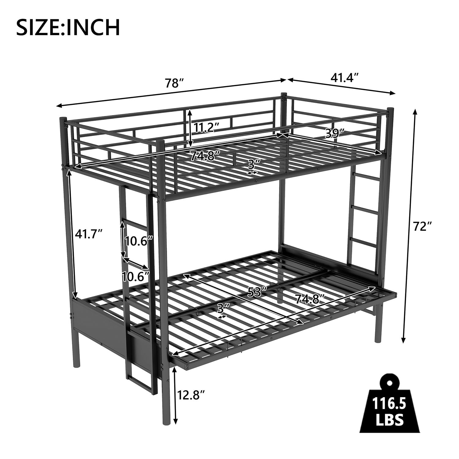 Twin Over Full Convertible Metal Bunk Bed