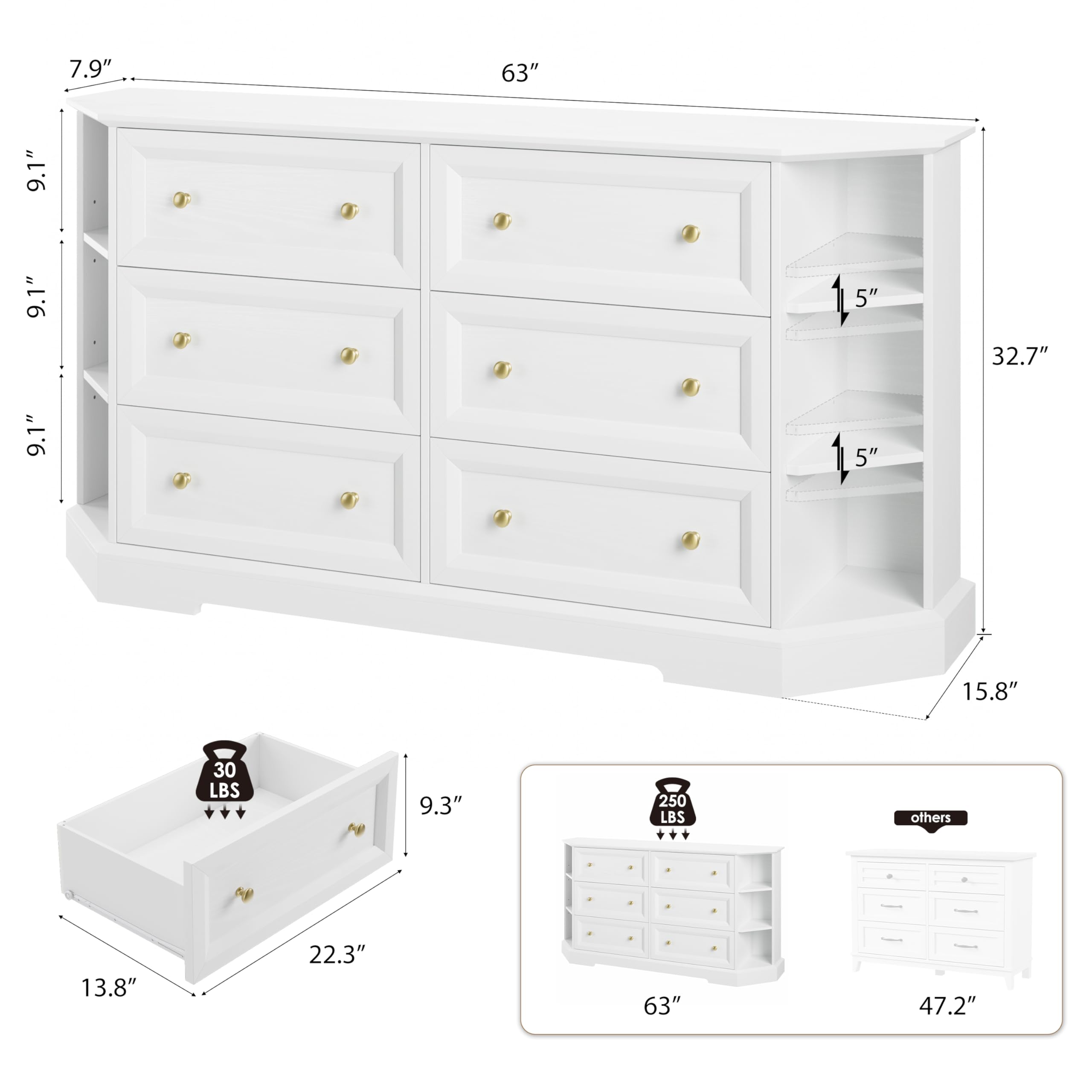 Extra Wide 63" 6 Drawer 6 Cube Dresser with Open Shelves