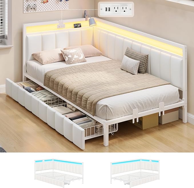 Corner Bed Frame with Storage Drawers and LED Light