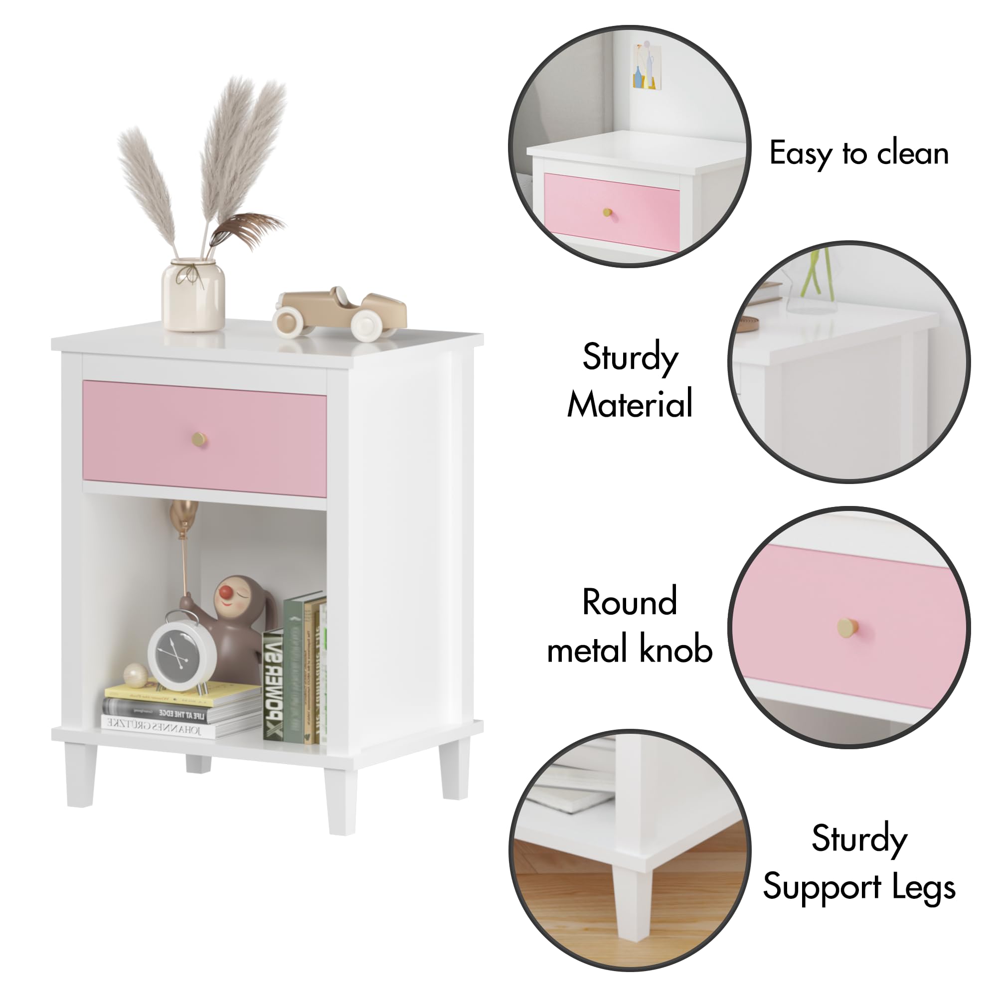 Wooden Nightstand with Drawer and Open Storage Shelf
