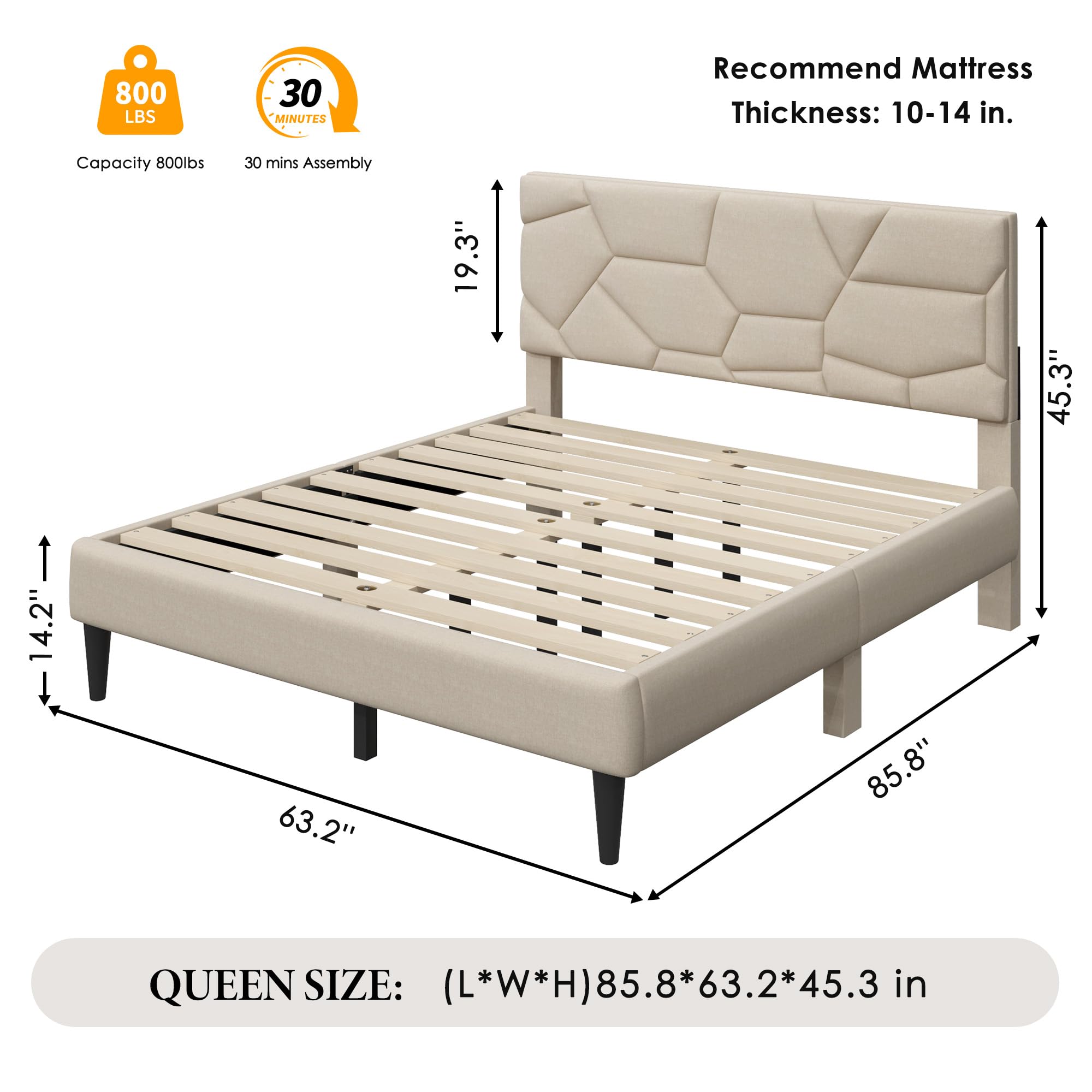 Queen Size Upholstered Platform Bed Frame with Wooden Slats