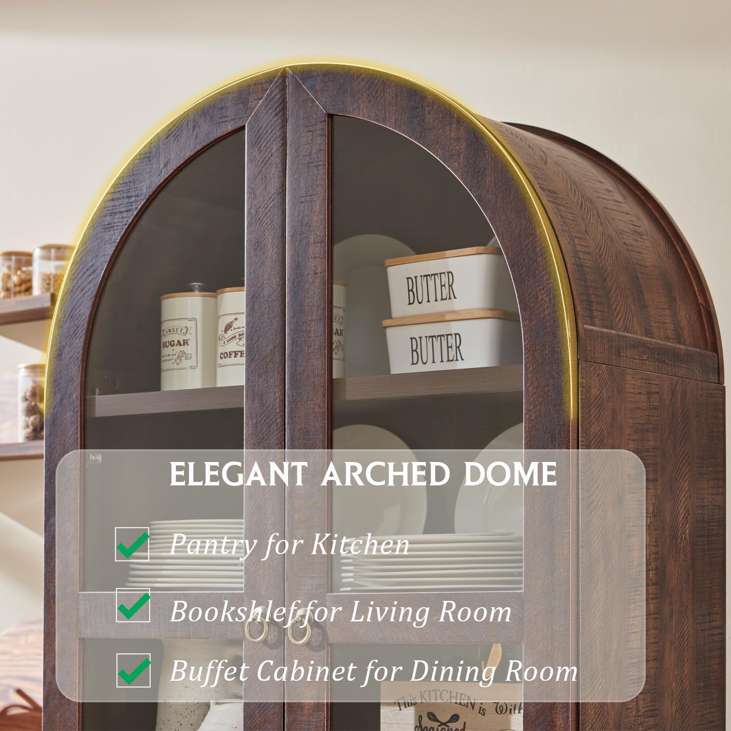 71" Tall Arched Kitchen Pantry Cabinet with Glass Doors and Drawers