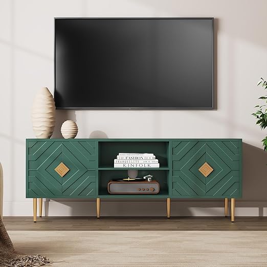 63'' White TV Stand with Storage Cabinets and Embossed Doors