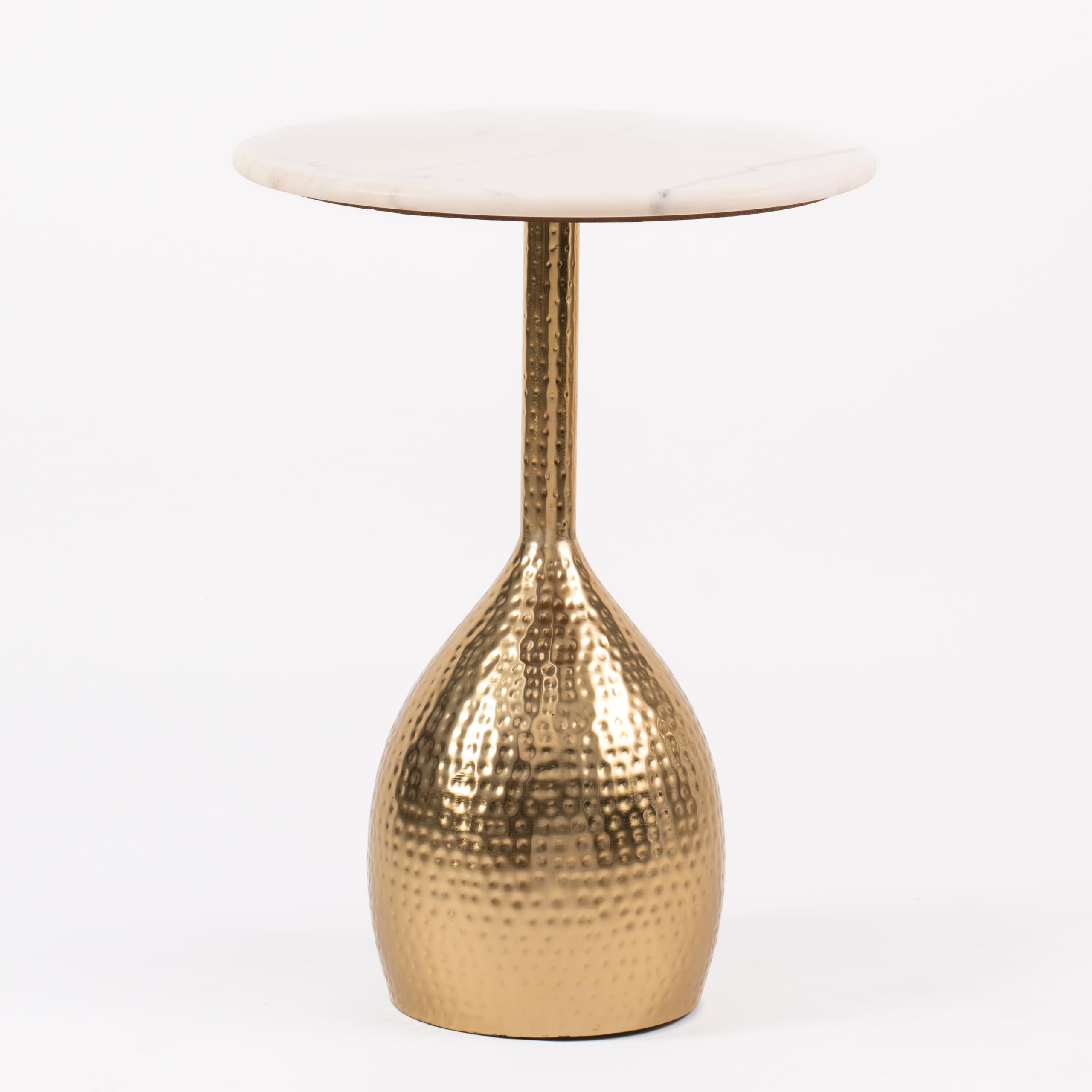 Round Marble Top Side Table with Hammered Gold Base