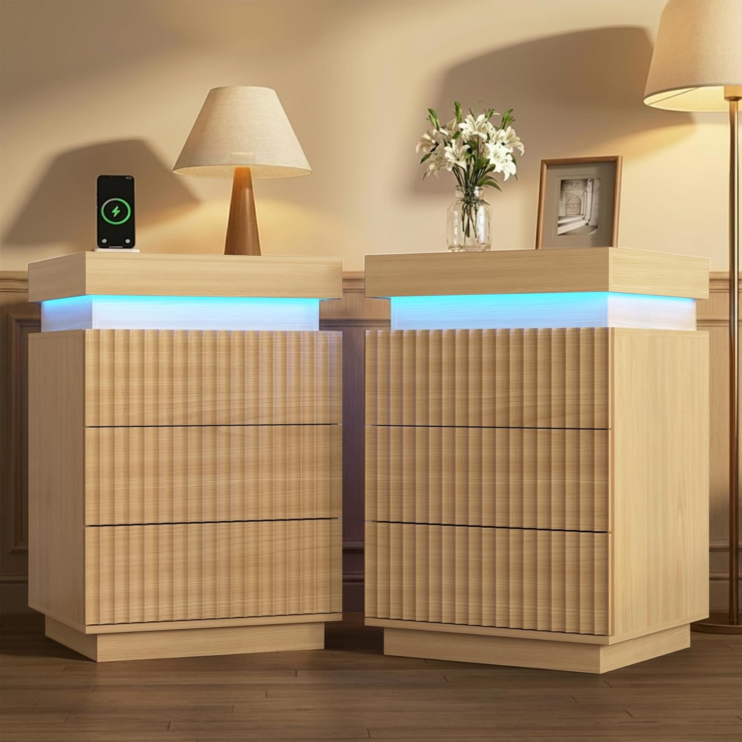 LED Nightstands with Charging Station and Sliding Top