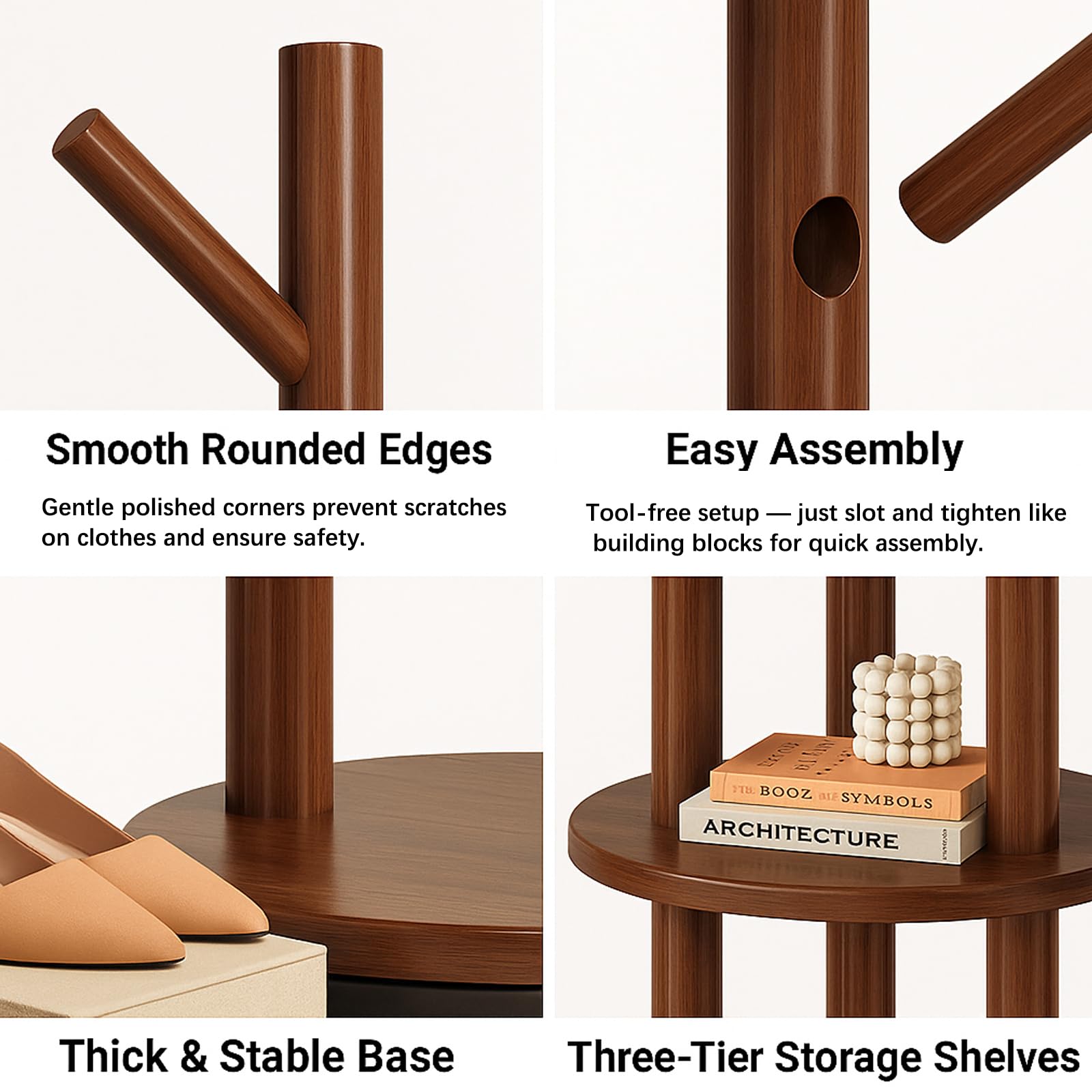Rotating Solid Wood Coat Rack with Shelves
