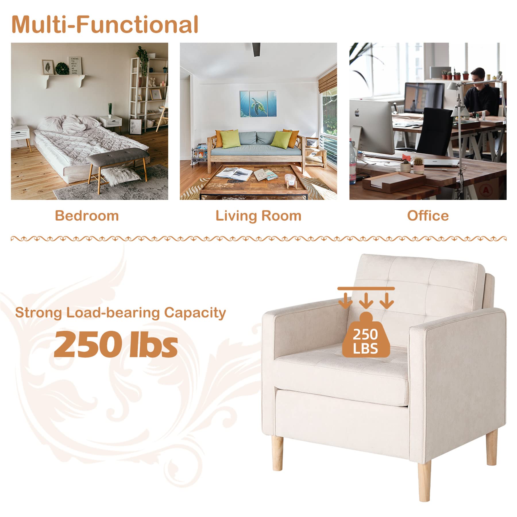 STHOUYN Mid Century Modern Comfy Accent Arm Chair, Bedroom Chair for Adults, Living Room Office Reading Chairs, Suitable for Small Spaces, White (1, White)