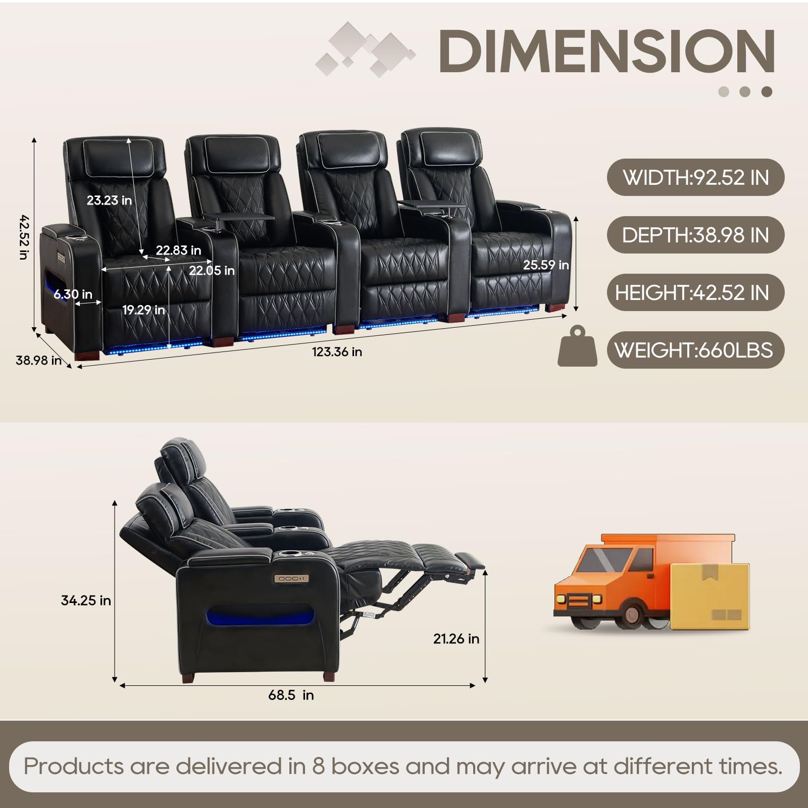 Luxury Home Theater Seating Power Recliner with LED Lighting