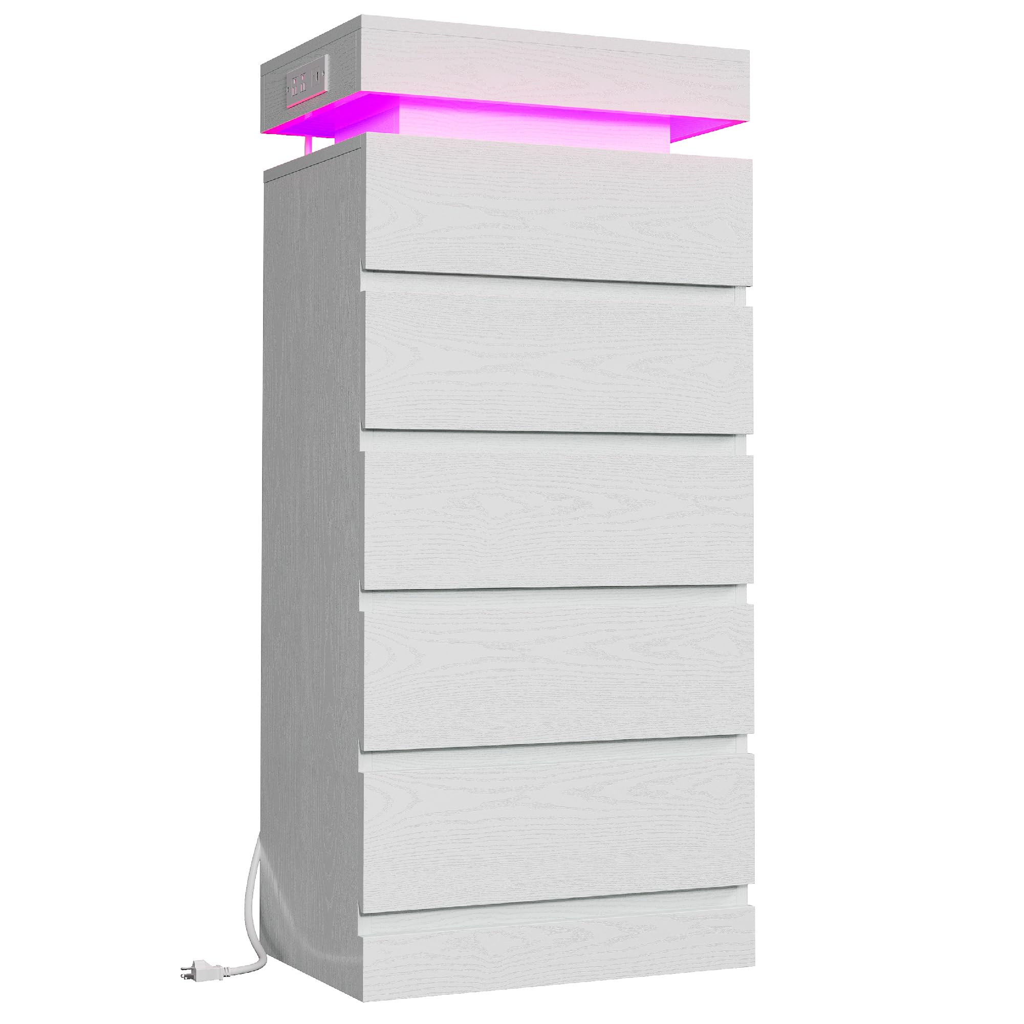 5-Drawer Tall Dresser with LED Lights and Charging Station