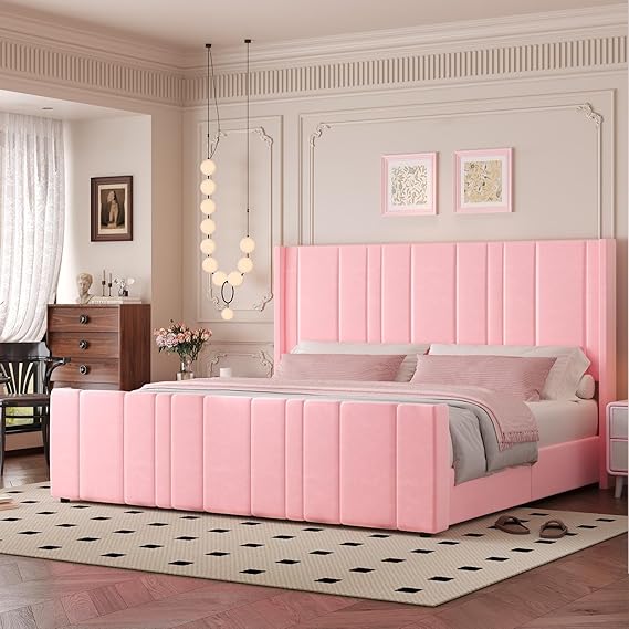 Pink Velvet Queen Bed Frame with Tufted Headboard