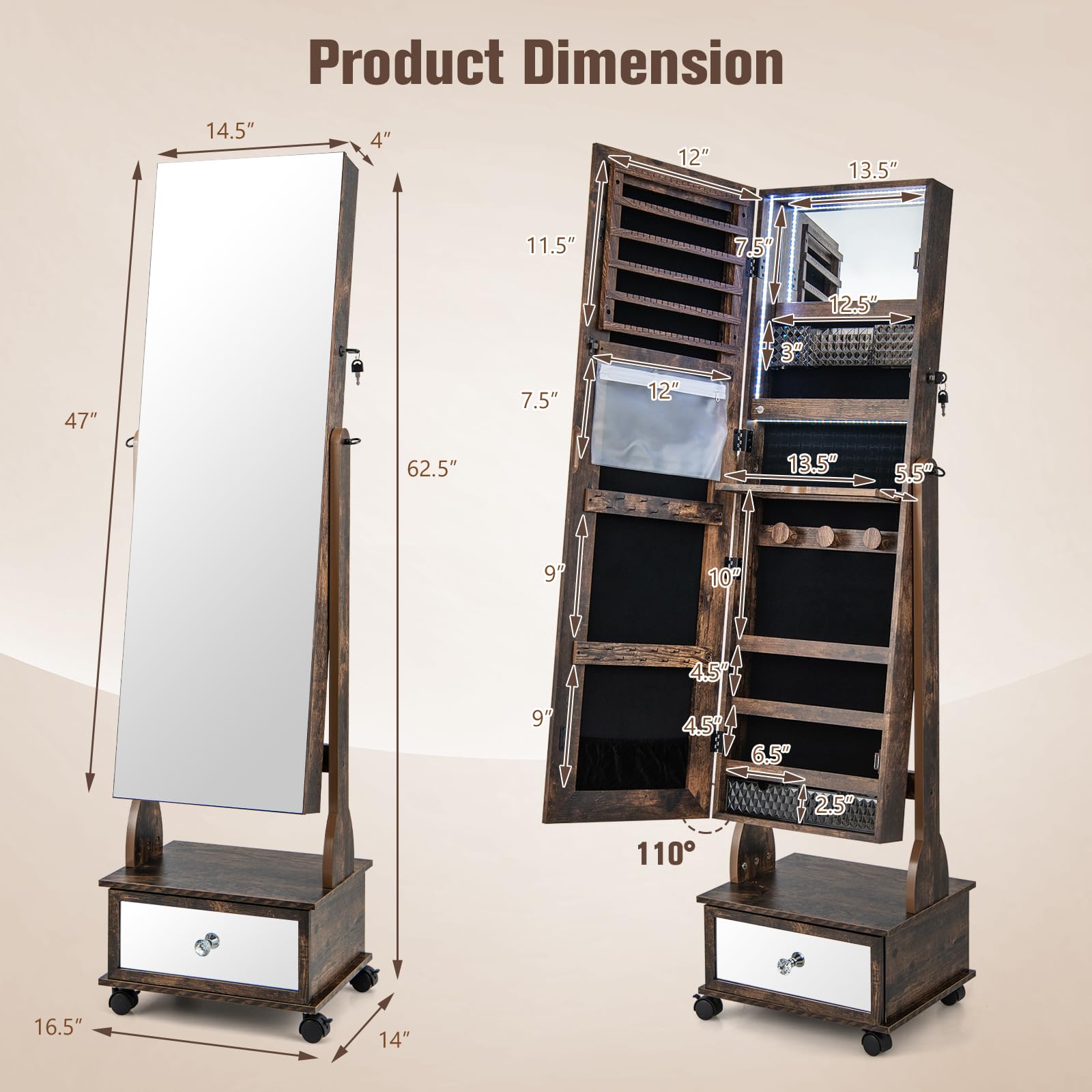 Rolling Jewelry Armoire with Full Length Mirror