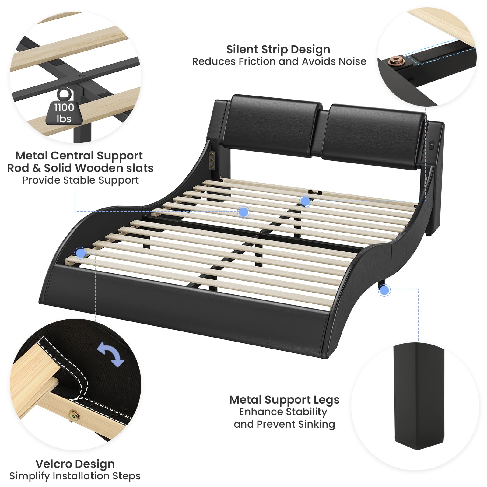 Queen Bed Frame with LED Lights and Charging Ports