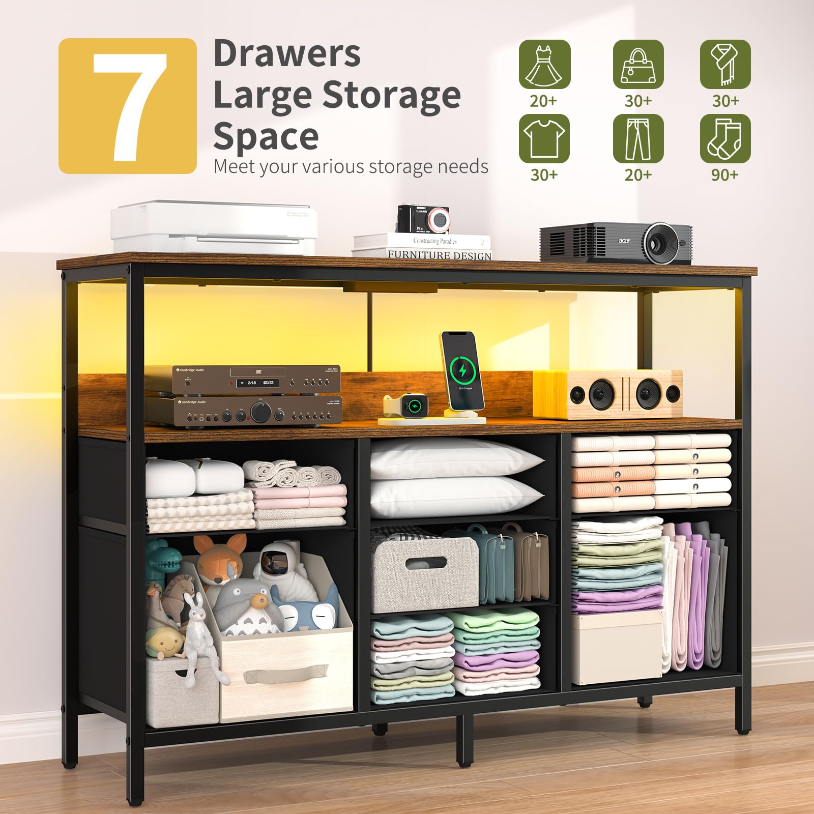 LED TV Stand with 7 Drawers and Power Outlets