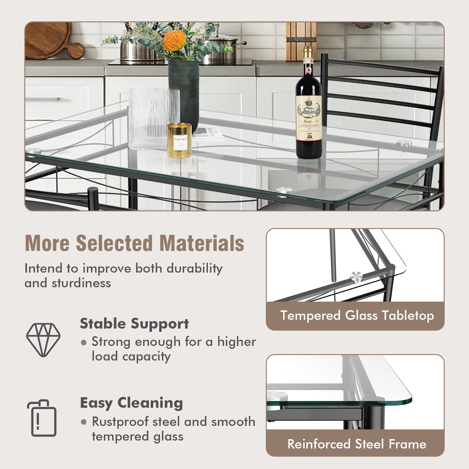 5-Piece Dining Set with Tempered Glass Table